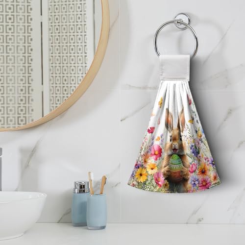 Spring Easter Hanging Kitchen Towels Easter Bunny Rabbit Eggs Flowers Hand Towel with Hanging Loop Watercolor Floral Rabbits Dish Tie Towels Super Absorbent Soft Fast Drying Bath Towel for Bathroom - color: Easter Spring Bunny