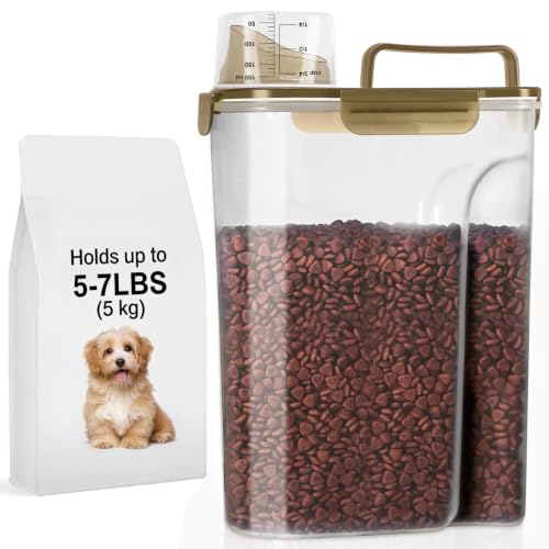 LEAWALK 5-7Lbs Dog Cat Food Storage Container with Upgraded Large Nozzle BPA-free, 4 Snap Seals Plastic Pet Food Storage Containers with Handles (Clear Brown, 5L-1pack) - color: Clear Brown, size: 5L-1pack