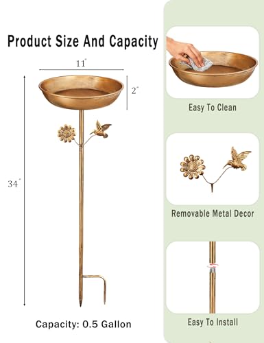 Freestanding Bird Bath with Metal Stake - 11” Antique Bronze Metal Birdbath Bowl & Feeder for Outdoor Garden Yard Decor