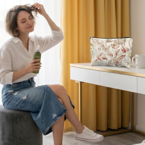 Boho Tropical Flamingo Beach Canvas Makeup Bag Gifts for Women | Flamingo Lover Gifts, Neutral Bird Palm Leaves Canvas Cosmetic Bag Beach Bags Travel Toiletry Zipper Pouch Storage Organizer - color: Flamingo