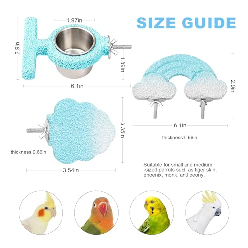 3pcsRainbow Cloud-Shaped Bird Perch Platform + Beak Conditioning Stone + Stainless Steel Feeder,Parrot Perch for Cage Volcanic Rock Mineral Bird Perch,for Parakeets,Cockatiels,Lovebirds（Blue） - color: H