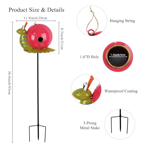 37" Bird Houses for Outside, Outdoor Metal Snail Birdhouse with Hanging String & Poles for Patio, Yard, Garden - style: Snail