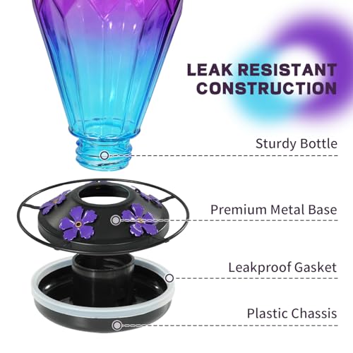 2 Pack Glass Hummingbird Feeder for Outdoors Hanging, 25Oz Humming Bird Nectar Feeder, Perch, 5 Flower Feeding Ports, Leak Proof Base, Hook for Outside Garden Backyard, Diamond Purple - color: Diamond Purple-2