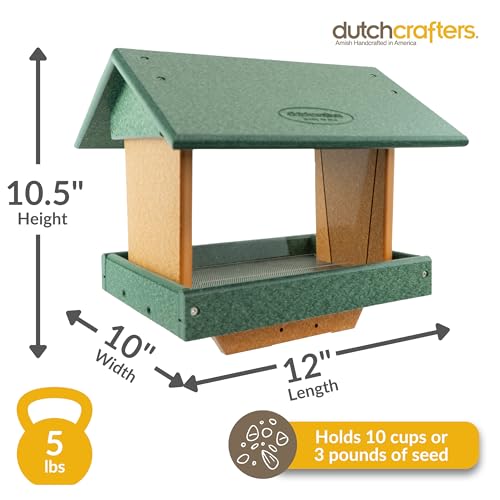 DutchCrafters Poly Large Hopper Bird Feeder Post Mount for 4" x 4", Wild Songbird Bird Seed Feeder for Outdoor, Outside, Garden, Yard - Amish Made in USA (Post Mount, Turf Green & Cedar) - color: Turf Green & Cedar, style: Post Mount