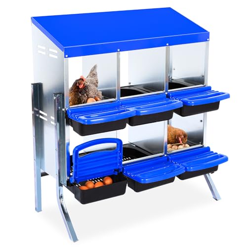 Chicken Nesting Box, 6-Hole Roll Away Egg Laying Box with Lid, Galvanized Steel Rustproof Design - Easy Egg Collection, Easy Clean with Bracket Legs, Blue - color: blue, size: 6 HOLES WITH LEGS