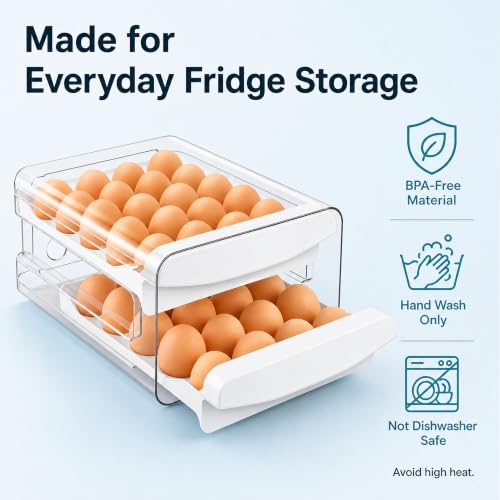 Egg Holder for Fridge, 40-Egg Refrigerator Organizer with Drawers | Egg Storage for Refrigerator, Clear Egg Container, 2-Tier Egg Tray for Fridge, Stackable Lid, BPA-free PET and PP, Hand Wash.