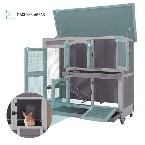 2-Tier Indoor Rabbit Hutch Bunny House Guinea Pig Cage with Sliding Plastic Trays, Wheels & Ramp, 47.2" Multi-Door Wooden Small Animal Cage for Rabbits, Bunnies, and Guinea Pigs (Grey) - color: Grey