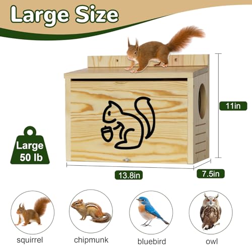 Wooden Squirrel House for Outside | Large Pine Wood Nesting Box with Front Open Panel, Easy Assembly Outdoor Animal Shelter for Backyard, Garden & Trees