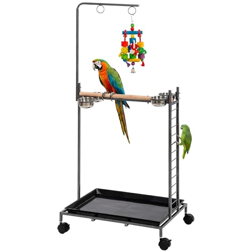 PawHut Bird Stand Parrot Stand with Wheels Wooden Perch Ladder Dark Gray | Stainless Steel Bowls, Slide-out Tray, for Indoor Outdoor Use, for Budgies, Parakeets