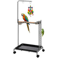 PawHut Bird Stand Parrot Stand with Wheels Wooden Perch Ladder Dark Gray | Stainless Steel Bowls, Slide-out Tray, for Indoor Outdoor Use, for Budgies, Parakeets