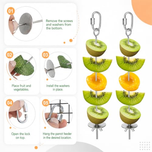 2 PCS Bird Cage Holder Bird Foraging Toys Fruit Birds Feeder | Stainless Steel Hanging Vegetable Fruit Feeder Parrot Fruit Vegetable Skewer for Parakeet Budgie Macaw
