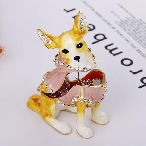 Hand Painted Enameled Chihuahua Trinket Box, Hinged Unique Mini Ring Necklace Jewelry Organizer, Classical Bejeweled Storage, Figurine Collectible Keepsake Home Decor (Chihuahua) - color: Chihuahua