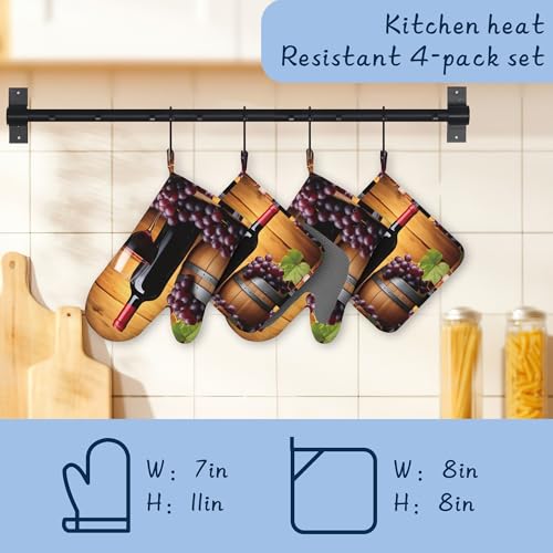 Kitchen Mitts Set,Grape Wine Bottle Oven Mitts and Pot Holders Sets,Thick Cotton Heat Resistant Farmhouse Barrel Hot Pan Holder Extra Long Cooking Mitts for Cooking Baking Grilling BBQ Bakeries - color: Grape Wine Bottle