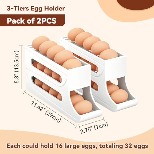 Egg Holder for Fridge - 3 Tiers Auto Rolling Egg Dispenser for Countertop Refrigerator, Kitchen Space-Saving Eggs Roller Storage Container Tray, 2 Packs for 32 Count, White - color: White