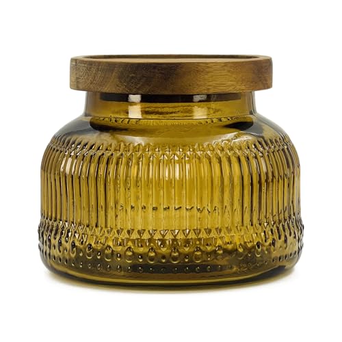 Decorative Amber Ribbed Glass Jar with Airtight Wooden Lid, 25.4 fl. oz | Wide mouth vintage storage canister, kitchen pantry bathroom organization, coffee sugar tea cookie candy candle vase gift - size: 25.4 Ounces, style: Amber Ribbed