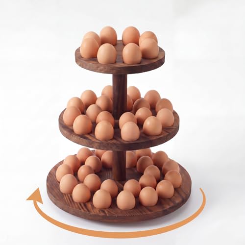 Wooden Egg Holder for Countertop 360° Rotating 3-tier Tree Shape Eggs Storage for 52 Fresh Eggs Large Capacity Chicken Egg Rack for Farmhouse Kitchen Counter Rustic Home Decorations