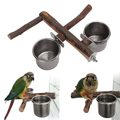 Stainless Steel Bird Feeding Bowl with Wooden Perch for Parakeets, Budgies, Lovebirds and Parrots