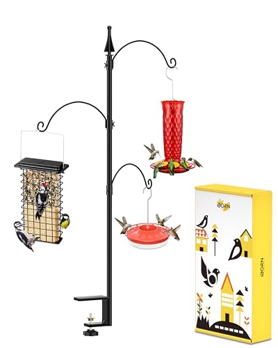 iBorn Bird Feeder Hook for Deck Railing Outside Hanging for Hummingbird Feeders Deck Hanger,3 Hooks 360 Degree Swivel,Attracting Birds Shepard Hook for Bird Feeders (Feeders are Not Included) - size: 26.7" Height with Tri-Hooks