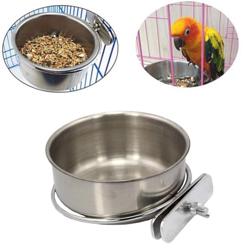 PINVNBY Parrot Feeding Cups Birds Food Dish Stainless Steel Parrot Feeders Water Cage Bowls with Clamp Holder for Cockatiel Conure Parakeet Macaw Small Animal (2PCS, Size: M)