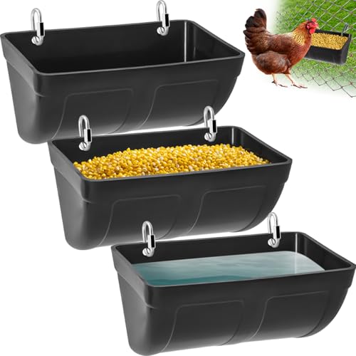 3 Pack Hanging Chicken Feeder Waterer Trough 4 Quart, Goat Feeding Supplies, Coop Fence Feeder, Feed Bucket & Water Container with Clips for Chicken Duck Piglet Sheeple Dog Livestock Poultry (Black)