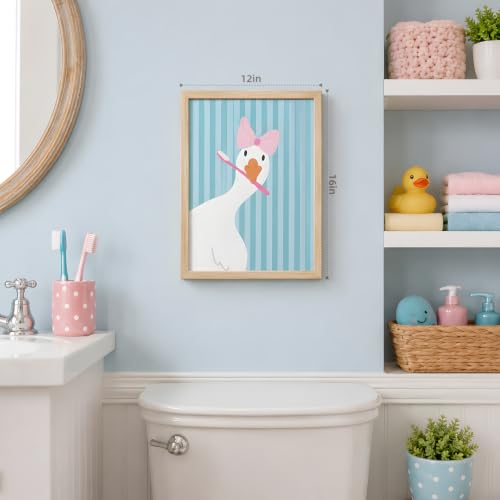 GELDSTEI Wood Framed Funny Brushing Teeth Goose Bathroom Wall Art 12x16 in | Funny Soft Tone Wall Decor, Pink Bow and Toothbrush Goose Art Print, Bathroom Decor for Nursery and Powder Room - color: Goose, size: 16"L x 12"W