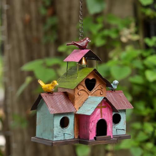 Large Bird Houses for Outside Hanging, 4 Hole Outdoor Bird House with Bell, Easy Clear, Colorful Metal Bird Houses for Outside. - style: Colorful 1