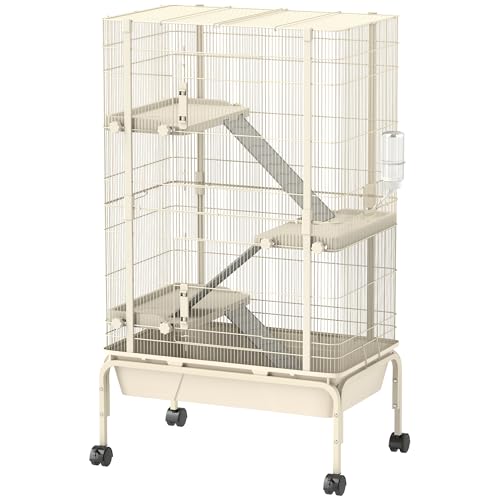 PawHut 47" Small Animal Cage, 4 Levels Large Rolling for Syrian Beige | Metal Ferret Chinchilla Rabbit Cage, 5.9" Deep Tray, 3 Ramps, Water Bottle, Food Dish, Squirrel