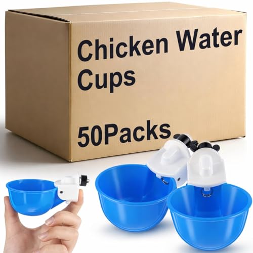 Tanlade 50 Packs Chicken Waterer Cups Large Chicken Feeder, Automatic Waterer Cups Kit for Poultry Chicks Duck Goose Turkey Bunny(Blue) - color: Blue