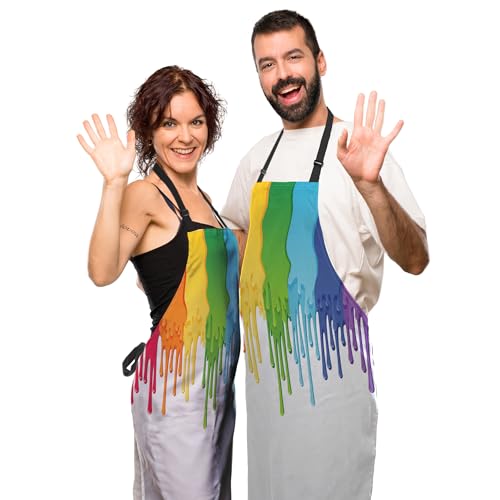 Cook Apron Women Rainbow Paint Border Fun Aprons for Men for Kitchen Cooking Restaurant BBQ Painting Crafting Gardening 27” (W) x 31” (H), Waterproof Aprons - color: Rainbow Paint Border