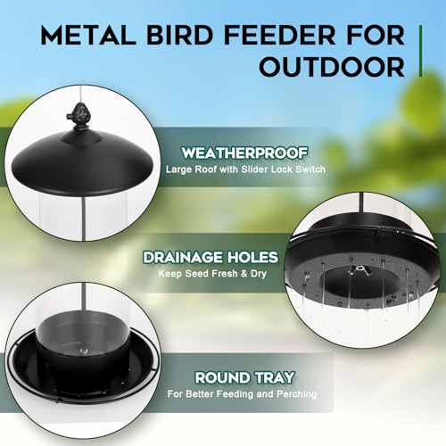 Gbekery Metal Bird Feeders for Outdoors Hanging, Weather Resistant Wild Bird Feeder with 360 Degree Feeding Tray, Black - color: Black