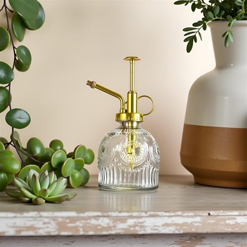 Glass Plant Mister Spray Bottle, 230ML Vintage Plant Spritzer, Succulent Watering Bottle Glass with Top Pump, Small Plants Sprayer Watering Can for Indoor Outdoor House(Clear) - color: White Gold