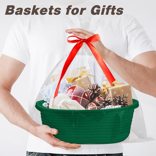 Pro Goleem Small Woven Basket with Gift Bags and Ribbons Durable Baskets for Gifts Empty Small Rope Basket for Storage 12"X 8" X 5" Baby Toy Baskets with Handles, Green - color: green