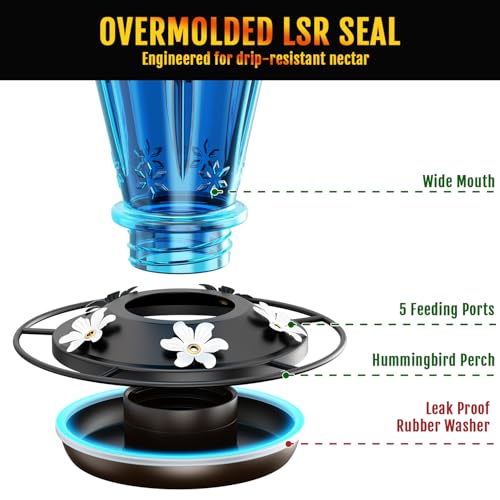 Birdream Hummingbird Feeders for Outdoors, 25oz Glass Hummingbird Feeder with Perch & 5 Bee Guard Feeding Ports, Leak Proof, Includes Ant Moat and Cleaning Brush, Gift for Women Mom, Blue - color: Blue