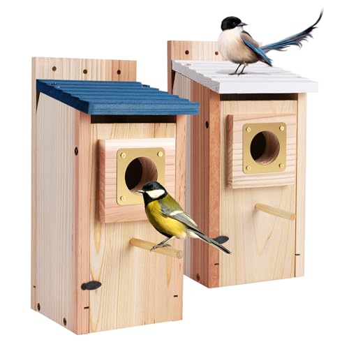 Wooden Outdoor Bird House with Copper Guard, Thickened Wood 2 Pack | 2 pack design, easy assembly, cottage nesting box for bluebird, finch, swallow, wren, chickadee garden use - size: 2 pack