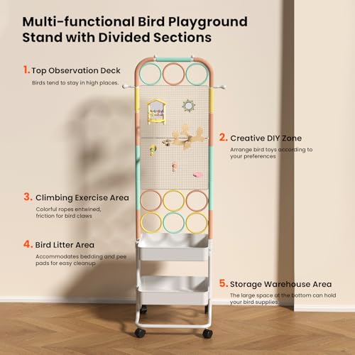 Large Bird Playground, Parrot Perch Stand with Toys DIY Zone, Toilet, Storage Space, Bird Stands for Inside Play Gym Stand for Parakeet Conure Cockatiel Lovebird Budgie African Greys