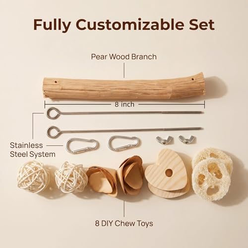 Bird Swing Perch with Chew Toys for Small Parrots, Cage Accessory | Natural Pear Wood 2PCS Bird Cage Set with Perch, Hanging Swing & Chew Toys for Conures, Cockatiels & Small Parrots
