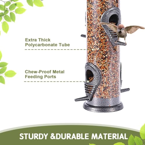 1PK Metal Wild Bird Feeder,Squirrel Proof Bird Feeders for Outside,Hanging 6 Port Tube Bird Feeder Transparent Finch Bird Feeder for Attracting Birds in Your Lawn, Garden, Balcony-Gray - color: Gray