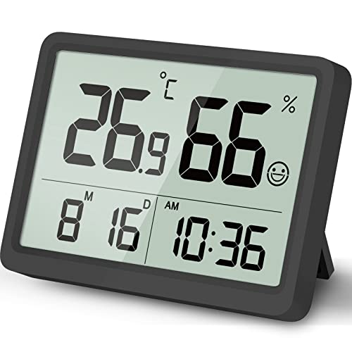 Digital Hygrometer, Humidity Meter, Temperature Monitor for Room | Calibration, Clock, 3.62 LCD, 3-Way Mount, 10s Refresh, Baby Room, Greenhouse, Guitar, CR2450 Battery, Comfort - color: Black