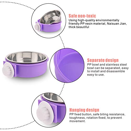 Crate Dog Bowl Removable Stainless Steel Water Food Feeder Bowls Cage Coop Cup for Cat Puppy Bird Pets (Large, Purple) - color: Purple, size: Large