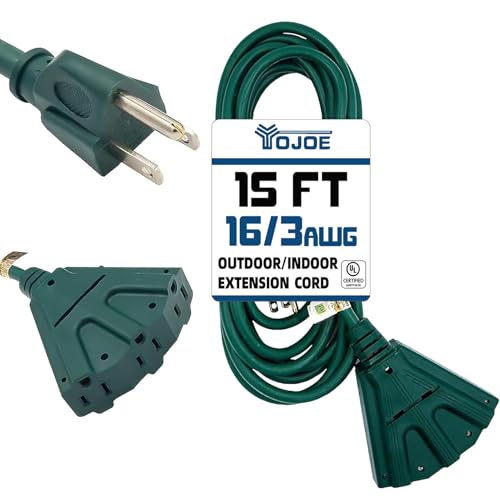 YOJOE 3-Outlets Indoor Outdoor Extension Cord, 3 Prong 13A Weatherproof Power Cord Multiple Outlets, 16 Gauge Heavy Duty 15 ft Green Extension Cord for Garage, Garden, 16/3 SJTW UL Certified - color: Green, size: 15 Foot, style: Standard