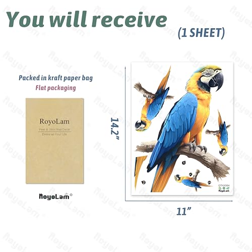 Blue and Yellow Macaw Bird Wall Decal Bird Animal Wall Sticker | Removable, waterproof, vinyl peel and stick wall art for nursery, classroom, living room, playroom, bedroom, and school