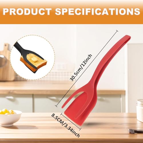 2-in-1 Egg Flipper Spatula Tongs Set - Non-Stick Silicone Grip and Flip Cooking Utensils for Omelets, Pancakes, Fish, and Burgers - 2 PCS Kitchen Cooking Tools (Black & Red)