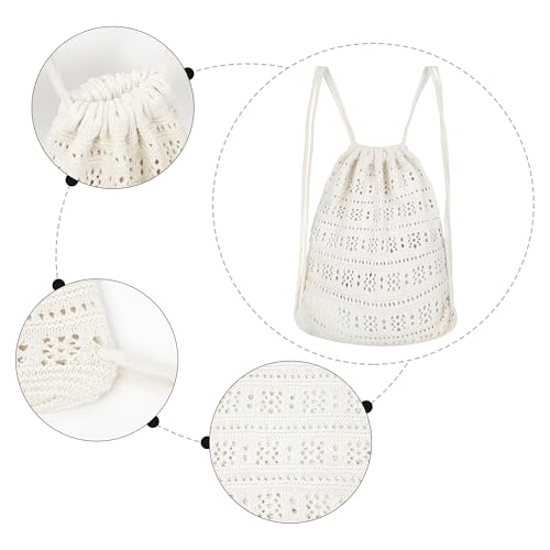Lobagve Handmade Crochet Cotton Drawstring Backpack Boho Purse Leisure Daypack - color: Hollow Out-white