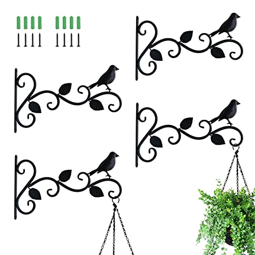 JIALAI HOME Hanging Plants Bracket 12" Bird Planter Outdoor Hooks Hangers for Flower Baskets Pot Bird Feeder Wind Chimes Lanterns Patio Garden Outdoor Indoor Metal Black, 4 Packs - style: 4 Bird