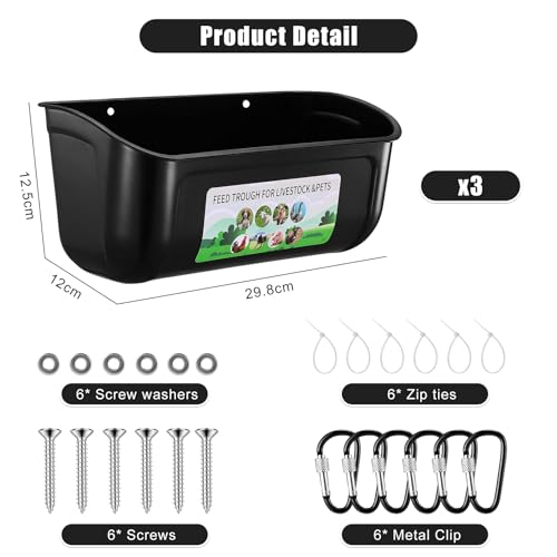 Chicken Feeder Waterer, 3 Pack Duck Feeder Supplies, Hanging Fence Feed Trough with Clips for Goat, Sheeple, Piglet, Gooses, Turkeys, Dog Livestock Poultry, Black - color: 3 pack Black