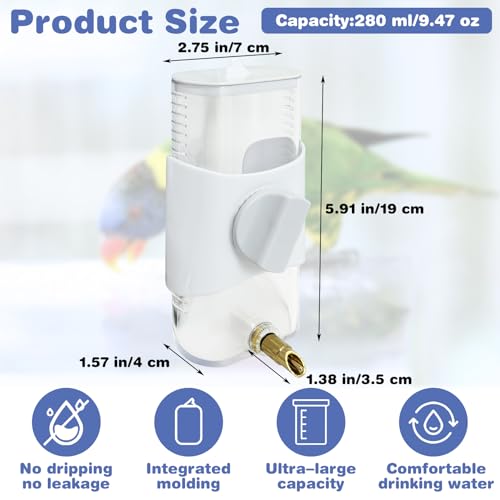 PINVNBY Bird Water Dispenser 9.47 Fl Oz Automatic Parrot Water Feeder Suspended Water Dispenser Bird Cage Accessories for Parakeet Budgie Lovebird Cockatiel Finch (White)