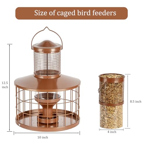 Caged Bird Feeders Squirrel-Proof, Metal, 2.8 Lbs Capacity-Cage Tube Seed Feeders with Tray Outdoor Hanging, Attract Birds,Detachable Cleaning, Starling Proof Wild Bird Feeder（Brown） - color: Brown
