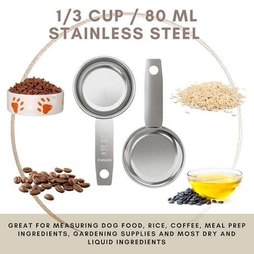 1/3 Cup Stainless Steel Measuring Cup | Sturdy Metal 80 ml | 80 cc | 3 oz | Single Cup for Wet and Dry Ingredients | Great for use as 1/3 Cup Dog Food Scoop - 1 PK - size: 1/3 Cup
