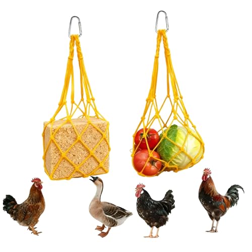 Chicken Vegetable Hanging Feeder 2PCS, Reusable String Bag Net Hanging Feeder for Chickens Ducks Coops Toy, Enrichment Toys, Treat Holder, No Waste Poultry Accessory(Yellow) - color: Yellow