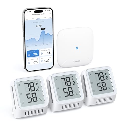 X-Sense Wi-Fi Thermometer Hygrometer with LCD, 3 Sensors & Base Station | LCD Digital Sensors Track Temp and Humidity with App Alerts and Data Export at No Cost for Home, Basement, and Wine Cellar - color: White, size: Digital, 3-Pack with 1 Base Station